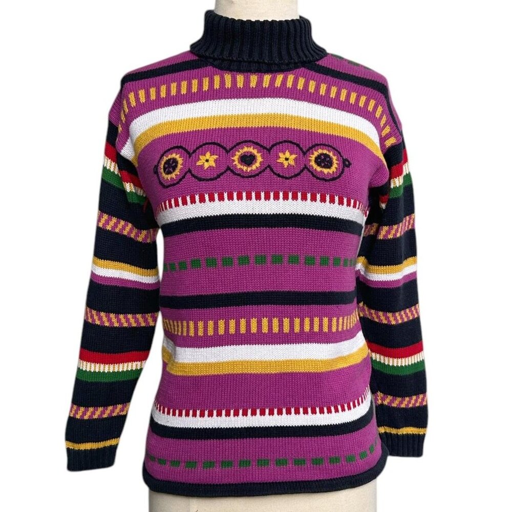 90s vintage striped turtleneck sweater sunflower embroidery quirky  retro Mexx.